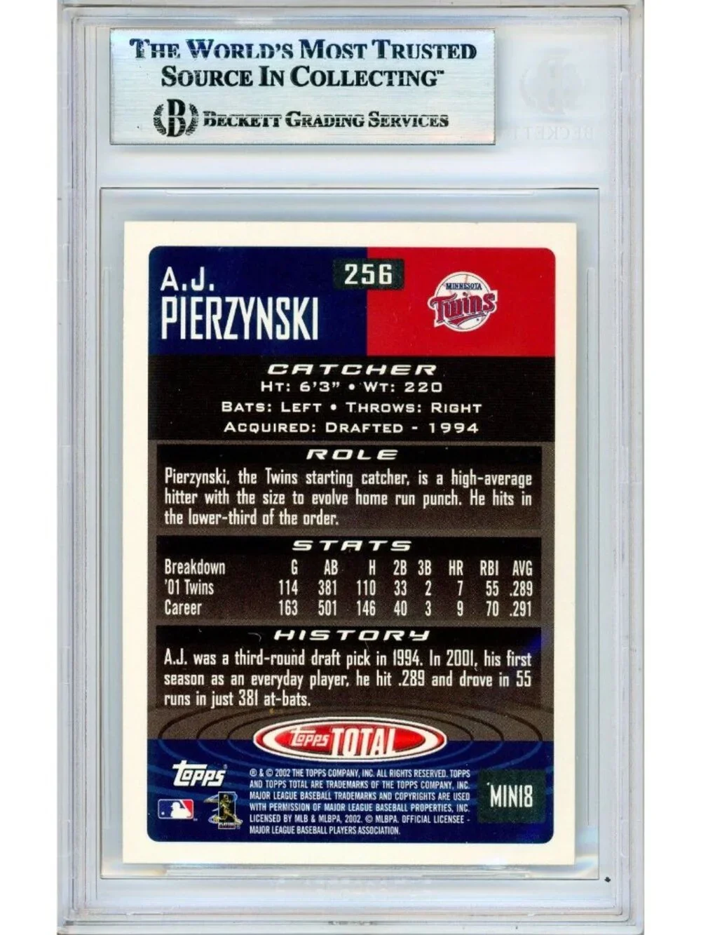 A.J. Pierzynski Signed 2002 Topps Total #256 Twins Baseball Card BAS Slab